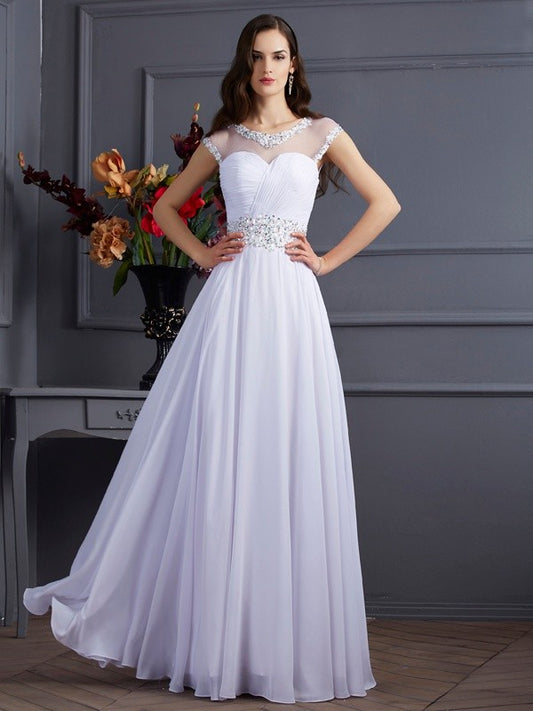 A-Linie/Princess-Linie Bateau-Ausschnitt Kurze Ärmel Perlen verziert Lange Chiffon Kleider