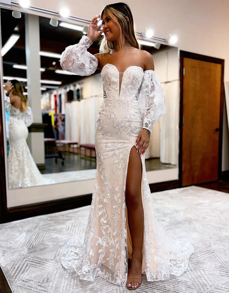 Vestido de fiesta de sirena con escote corazón y encaje y mangas desmontables