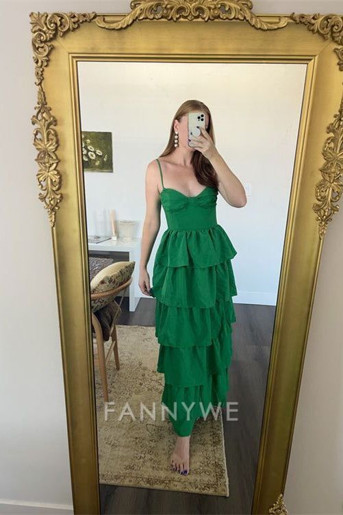 A-line Spaghetti Straps Layered Green Long formal dresses Bridesmaid Dresses evening gown Prom Dress