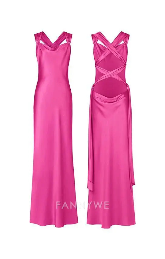 Sheath Straps Open Back Satin Hot Pink Long formal dresses Bridesmaid Dresses evening gown Prom Dress