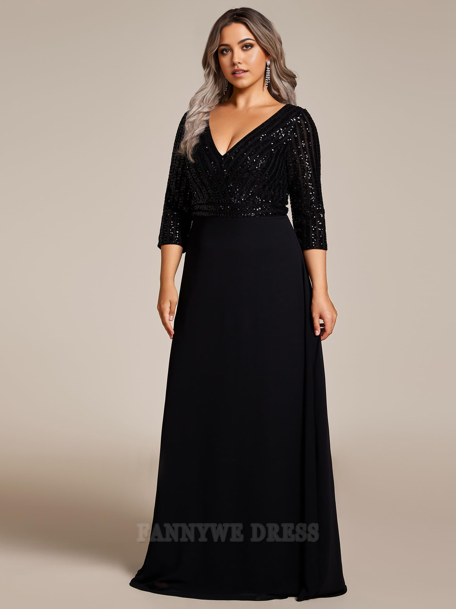 Vestidos formales de gasa con escote en V y lentejuelas brillantes de talla grande, sin mangas 3/4, para dama de honor, de noche, para fiesta de graduación 