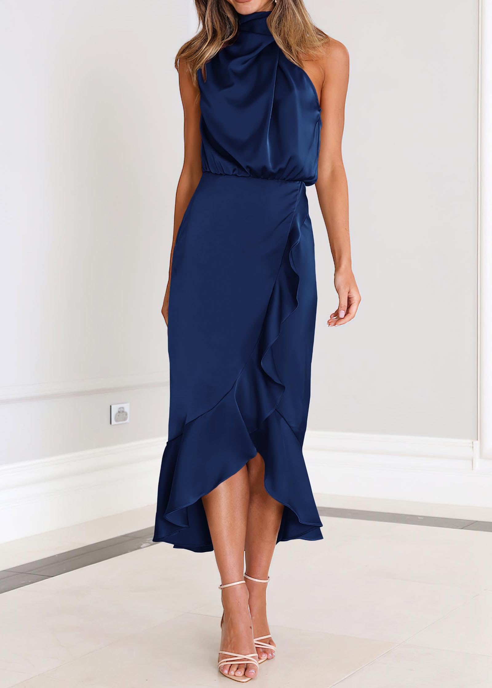 Mermaid Mock Neck Sleeveless Wrap Ruffle Satin formal dresses Bridesmaid Dresses evening gown Prom Dress