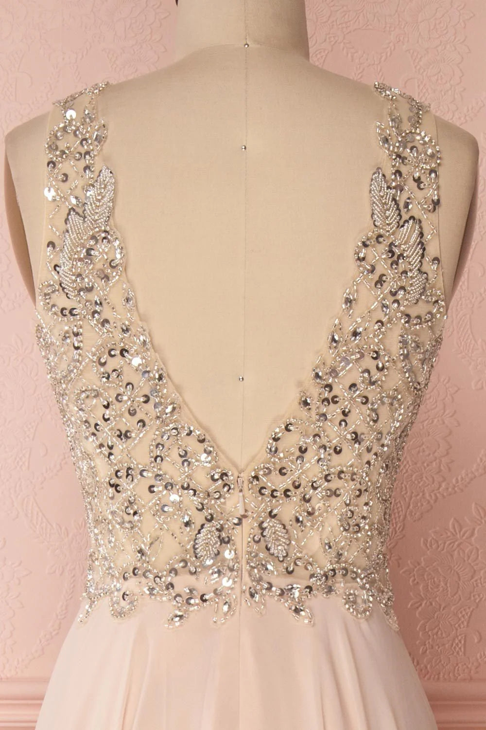 V neck beads sequin long prom dress