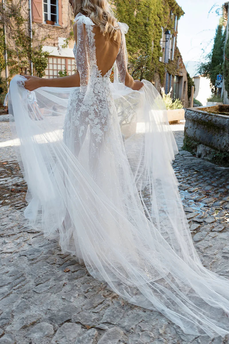 A Line V neck Lace Appliques Boho Wedding Dress With Slit