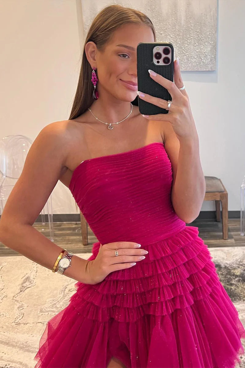A-Linie, trägerlos, gestuftes, langes Tüll-Ballkleid mit Rüschen