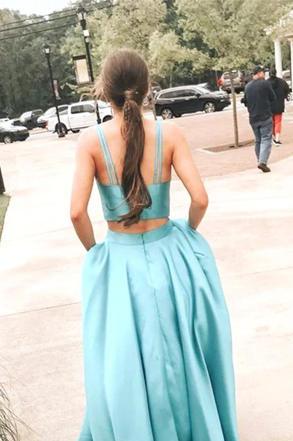 Two Piece Simple Ball Gown V-neck Satin Prom Dresses with Pockets