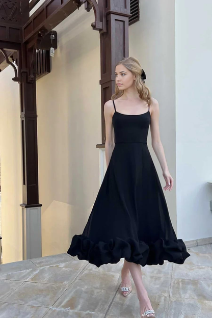 A-Linie Spaghettiträger Rüschen Teelänge Satin Abendkleider Brautjungfernkleider Abendkleid Ballkleid 