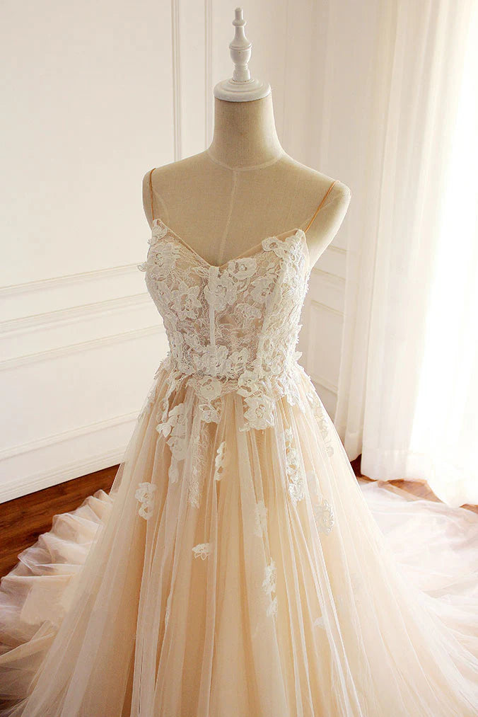 Tulle lace applique long prom dress