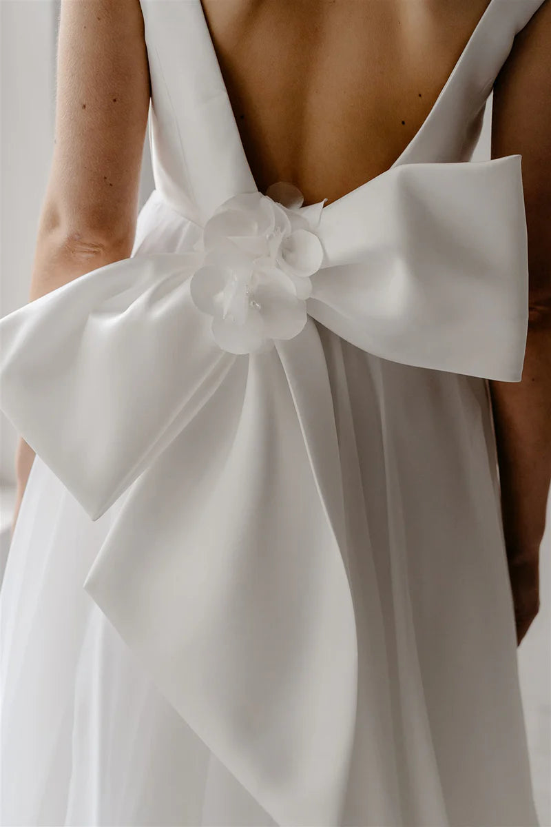 A Line Deep V Neck Open Back Simple Boho Wedding Dress