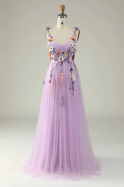 A Line Spaghetti Straps Long Tulle Prom Dress With Embroidery
