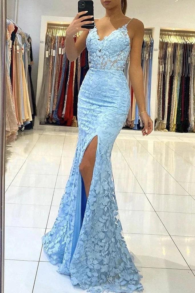 Mermaid V Neck Backless Lace Long Prom Dress