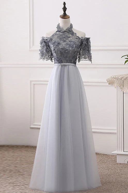 Tulle lace long prom dress