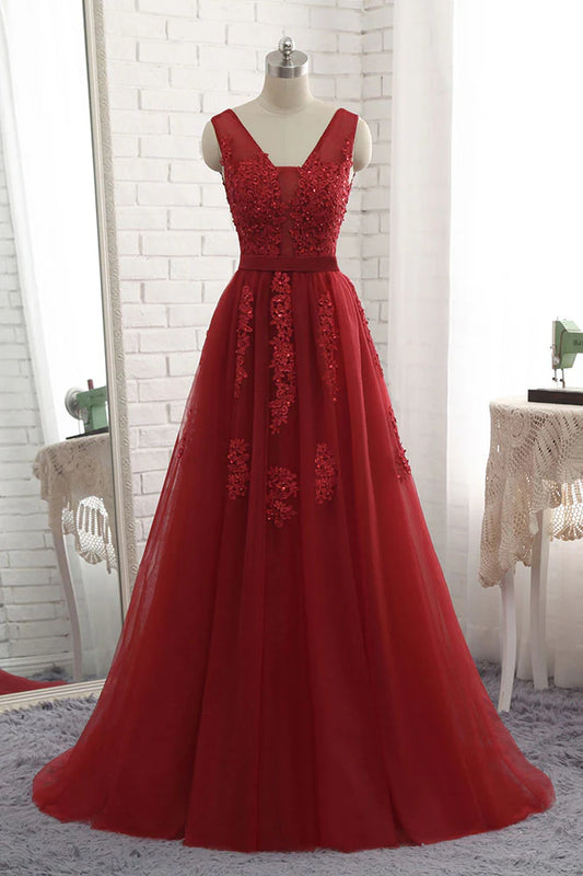 V neck tulle lace applique long prom dress