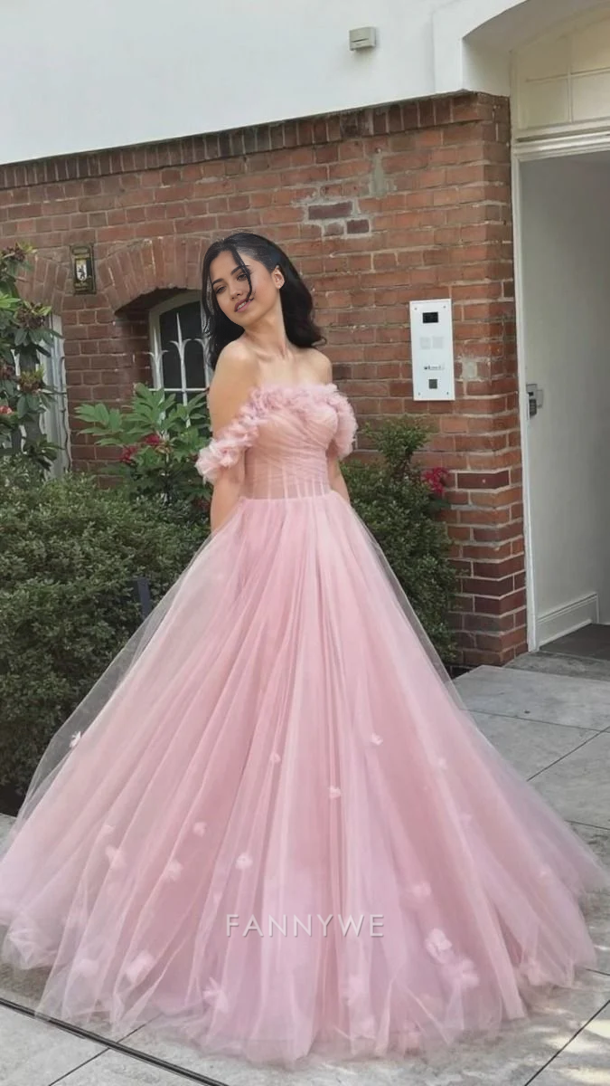A-Line Elegant Off Shoulder Pink Tulle Long formal dresses Bridesmaid Dresses evening gown Prom Dress