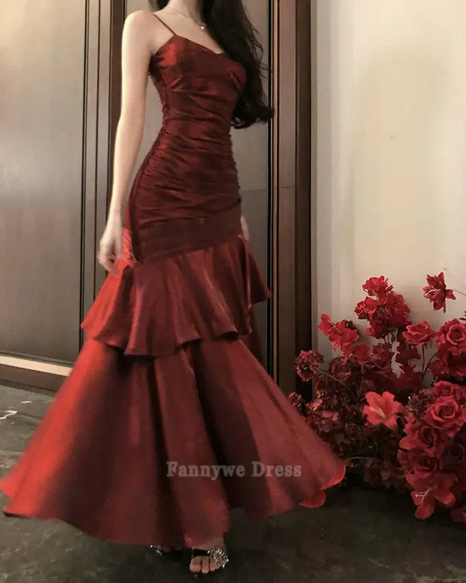 A-Linie Spaghettiträger Chiffon Weinrot Lange Abendkleider Brautjungfernkleider Abendkleid Ballkleid 