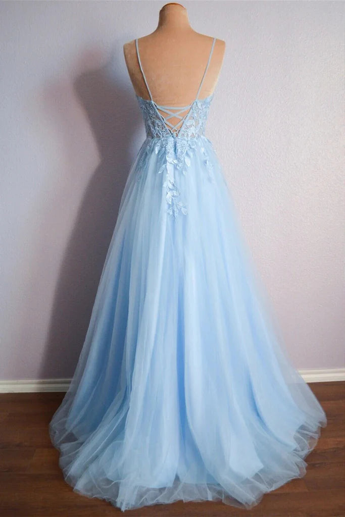 V Neck Lace Up Appliques Tulle Long Prom Dress