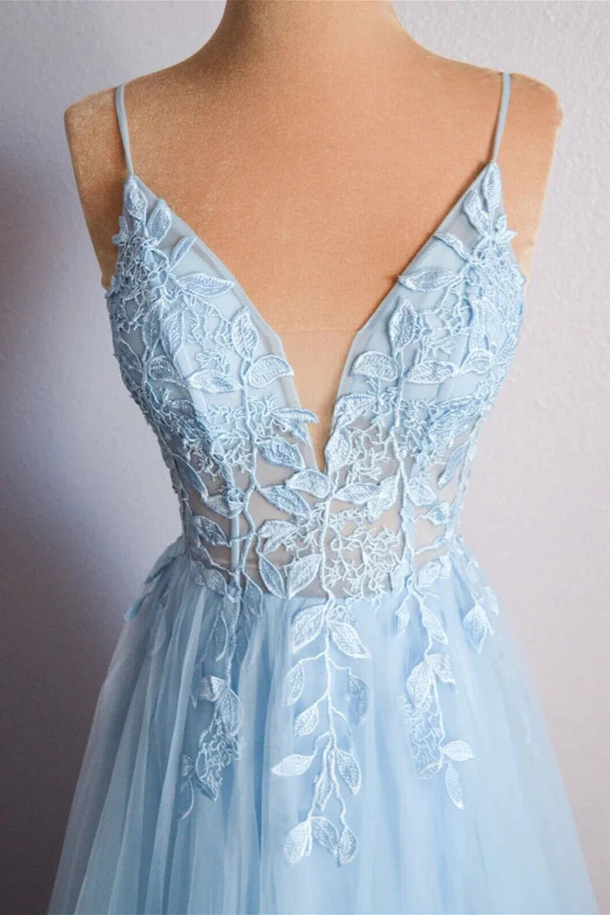 V Neck Lace Up Appliques Tulle Long Prom Dress