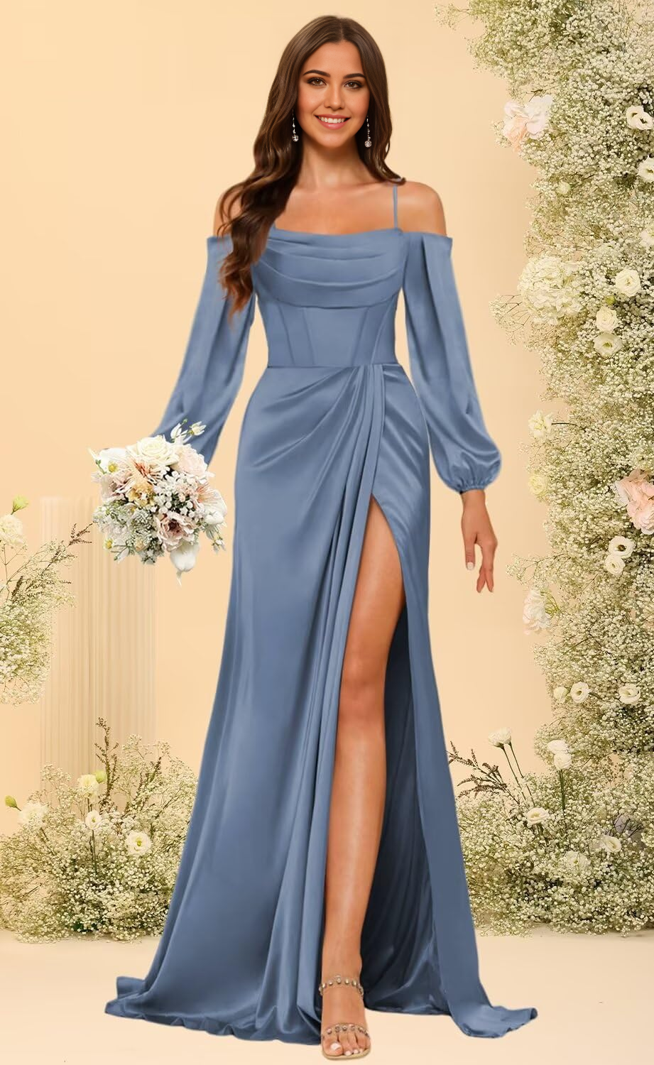 Mermaid Long Sleeve Satin formal dresses evening gown Prom Dress with Silt