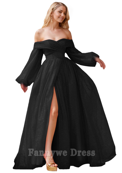 A-Linie Trägerlos Tüll Ball Langarm Schlitz Abendkleider Brautjungfernkleider Abendkleid Ballkleid 