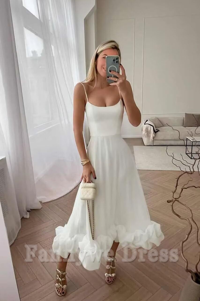 A-Linie Spaghettiträger Rüschen Teelänge Satin Abendkleider Brautjungfernkleider Abendkleid Ballkleid 