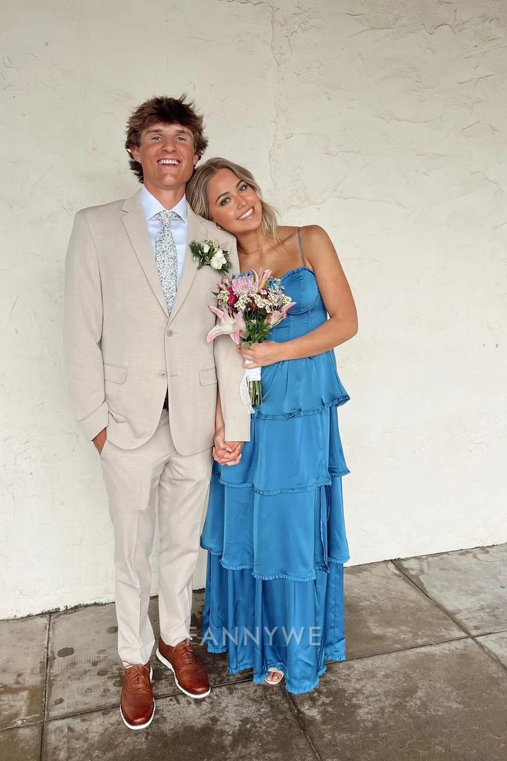 A-Line Spaghetti Straps Tiered Blue Long formal dresses Bridesmaid Dresses evening gown Prom Dress