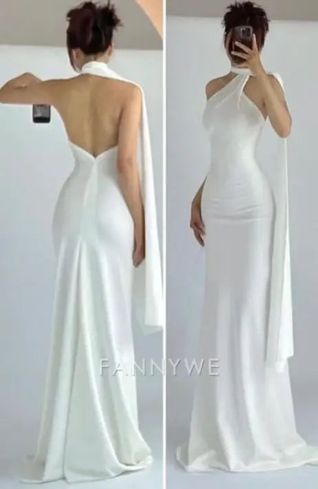 Sheath Elegant Halter White Long formal dresses Bridesmaid Dresses evening gown Prom Dress
