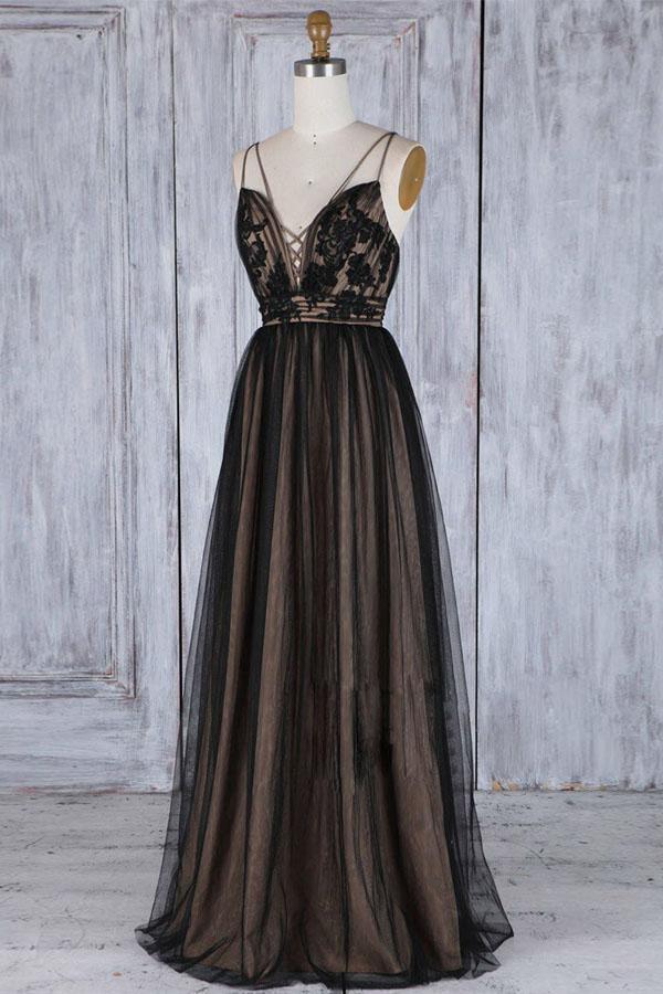 A-Line Deep V Neck Sweep Train Tulle Back Prom Dress