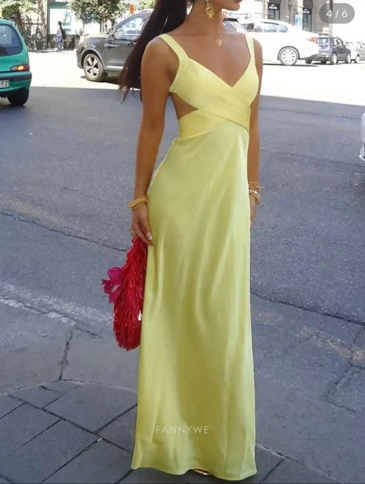Etuikleid mit V-Ausschnitt, gelbe Träger, Satin, lange Abendkleider, Brautjungfernkleider, Abendkleid, Ballkleid 
