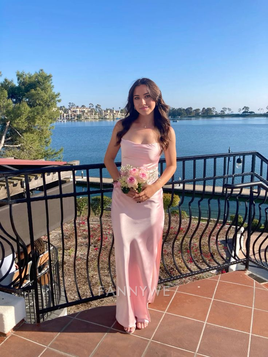 Etuikleid Träger Satin Rosa Lange Abendkleider Brautjungfernkleider Abendkleid Ballkleid 