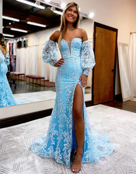Vestido de fiesta de sirena con escote corazón y encaje y mangas desmontables