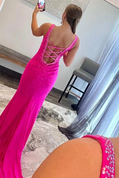 Vestido de fiesta de satén con cuentas y escote en V de sirena con espalda cruzada