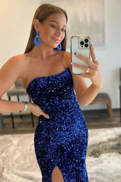 Mermaid Strapless Sequins Long Prom Dress with Slit
