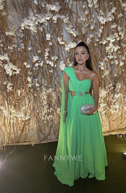 A-Linie One Shoulder Sweetheart Grün Lange Abendkleider Brautjungfernkleider Abendkleid Ballkleid 