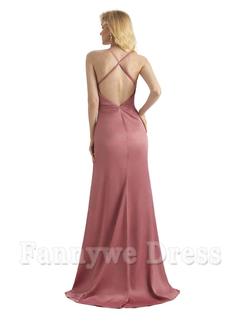 Sheath Cowl Neck Satin formal dresses evening gown Bridesmaid Dresses With Side Slit