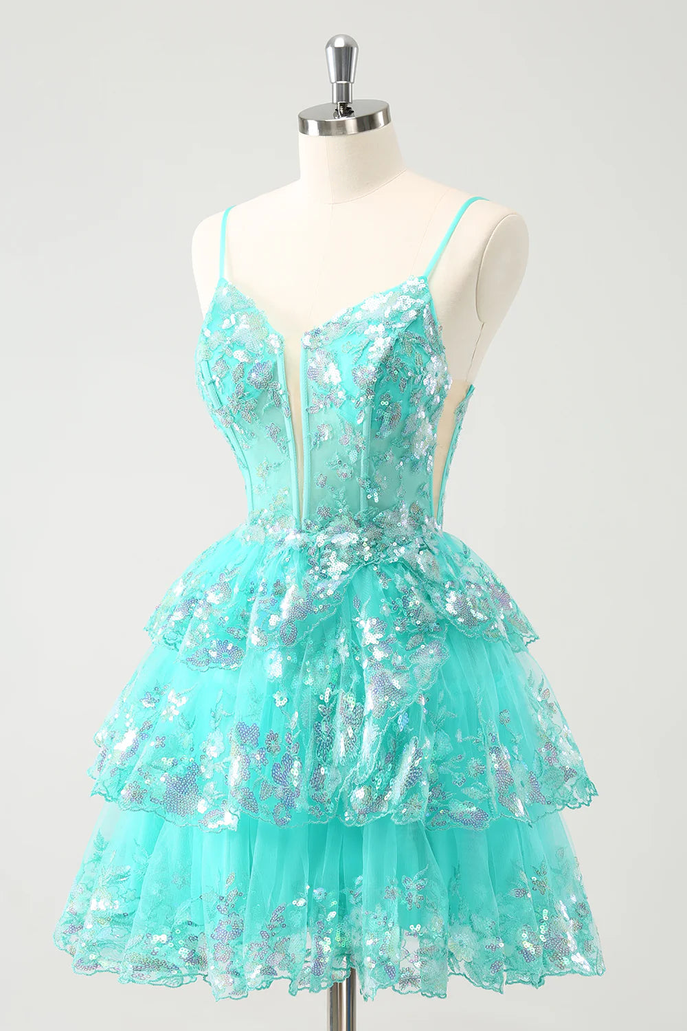 A-Line Cute Sparkly Spaghetti Straps Tiered Homecoming Dress with Sequins