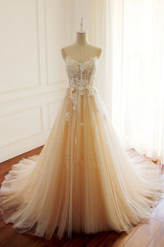 Tulle lace applique long prom dress