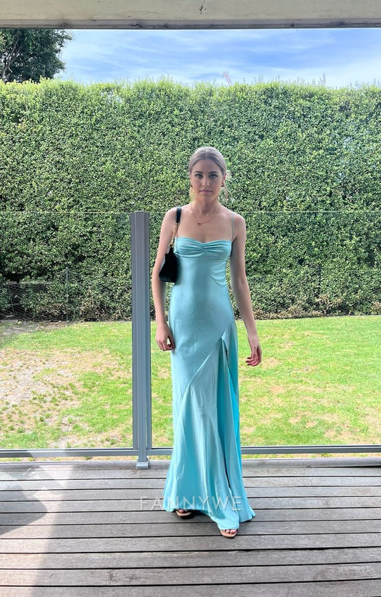 A-Linie Träger Satin Blau Lange Abendkleider Brautjungfernkleider Abendkleid Ballkleid 