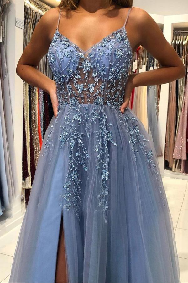 A Line V Neck Tulle Long Prom Dresses