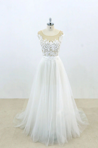 Round neck lace tulle long prom dress