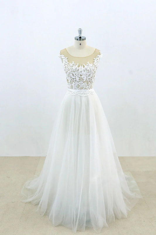 Round neck lace tulle long prom dress