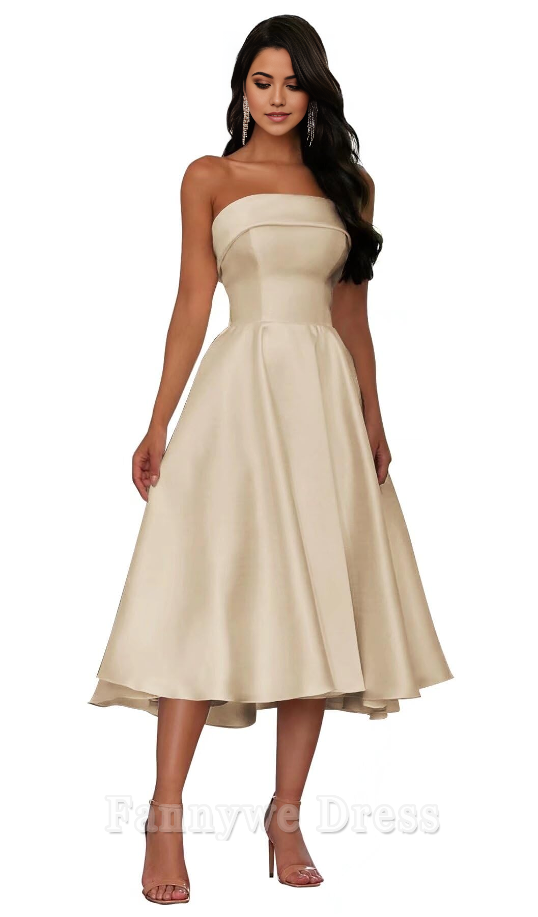 A Line Strapless Satin Tea Length formal dresses Bridesmaid Dresses evening gown Prom Dress