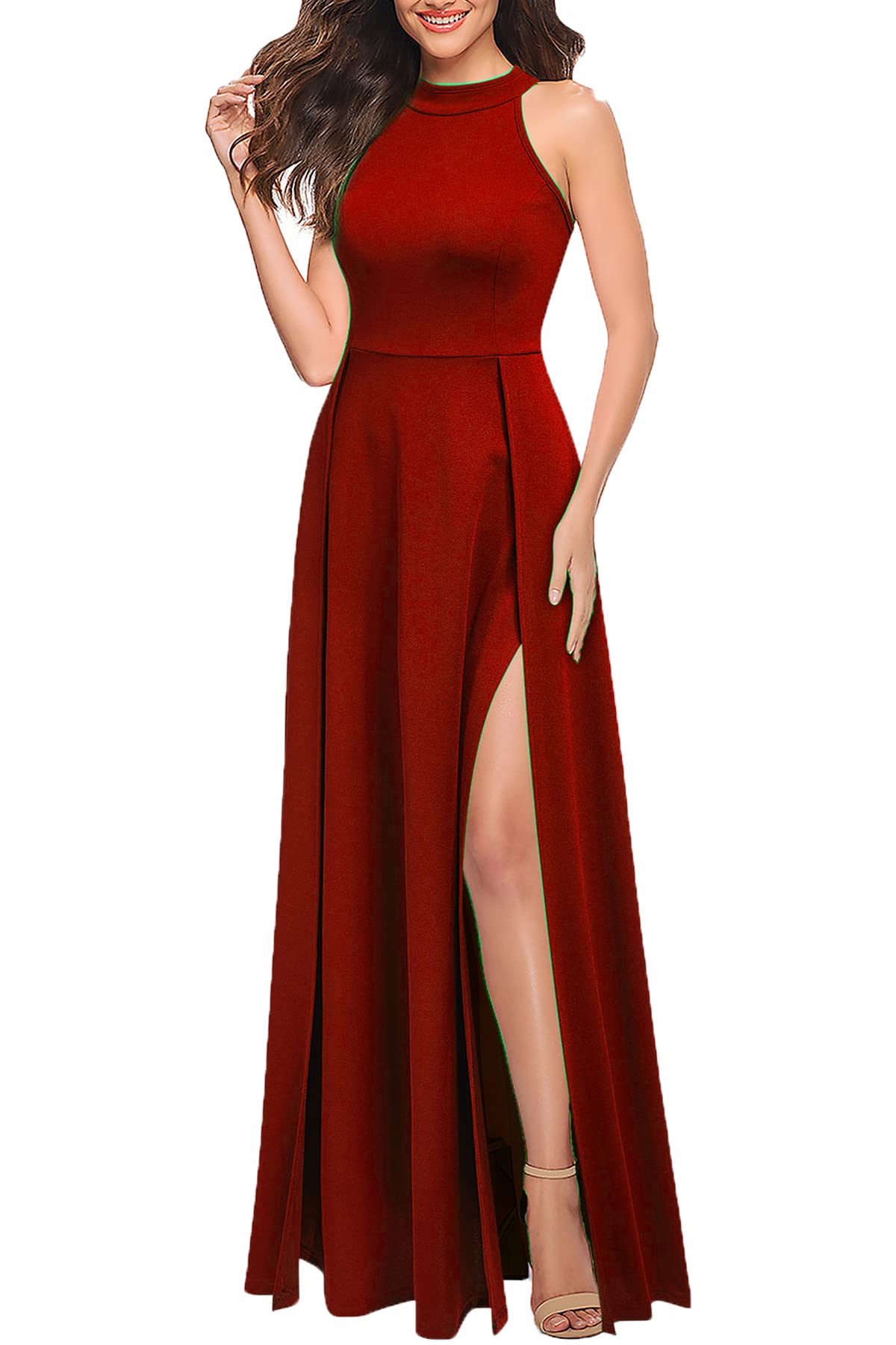 A-line Halter Neck sleeveless Sexy Split formal dresses evening gown Prom Dress