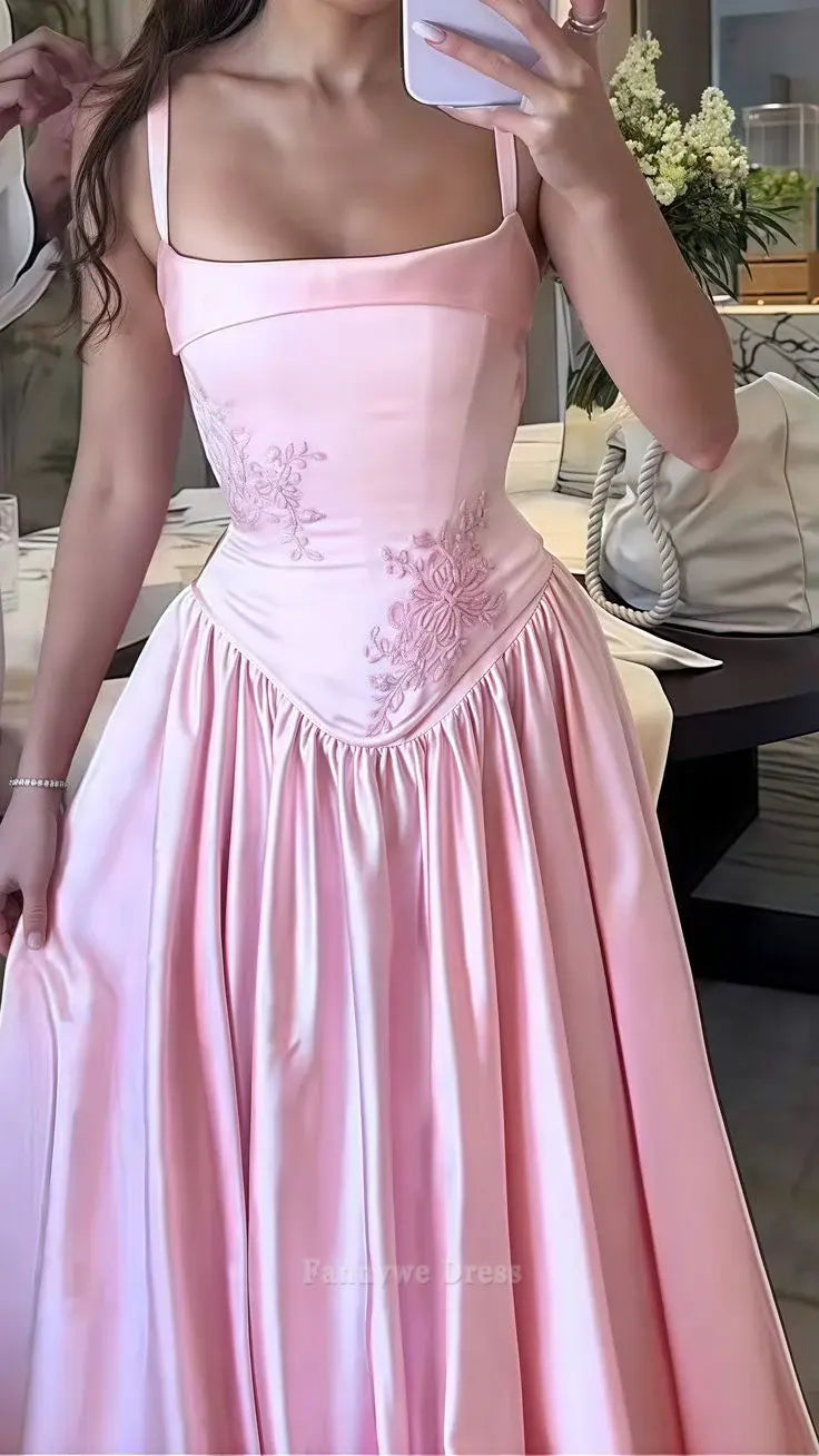 A-Line Elegant Spaghetti Straps Pink Long formal dresses Bridesmaid Dresses evening gown Prom Dress