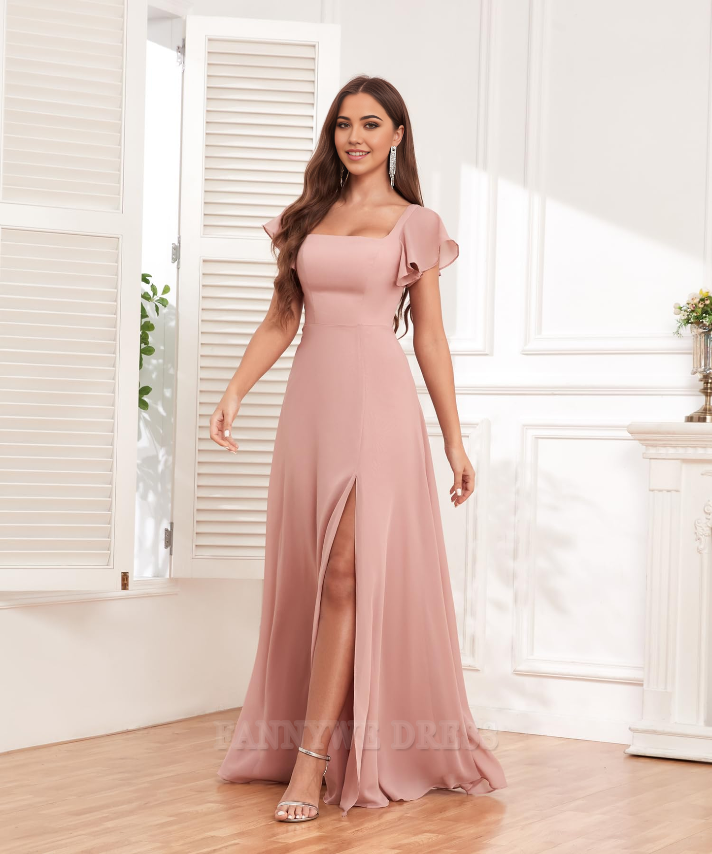 A Line Chiffon Sleeves formal dresses Bridesmaid Dresses evening gown Prom Dress with Slit
