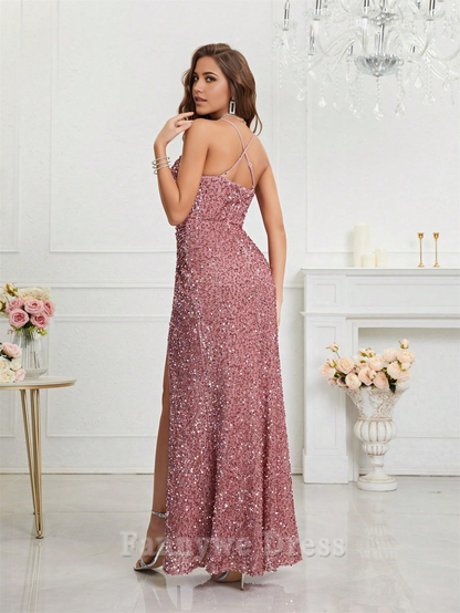 Vestido de noche de sirena con escote en V y tirantes finos, ajustado, con lentejuelas, para dama de honor y fiesta. 