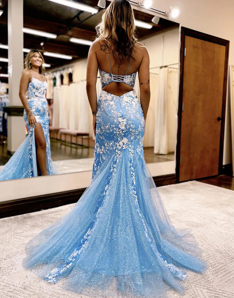 Vestido de fiesta de tul con encaje y tirantes finos de sirena con abertura