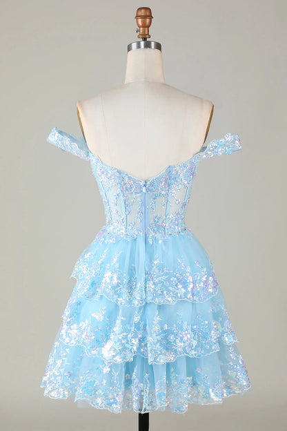 A Line Cute Sparkly Tiered Corset Lace Short Homecoming Dress