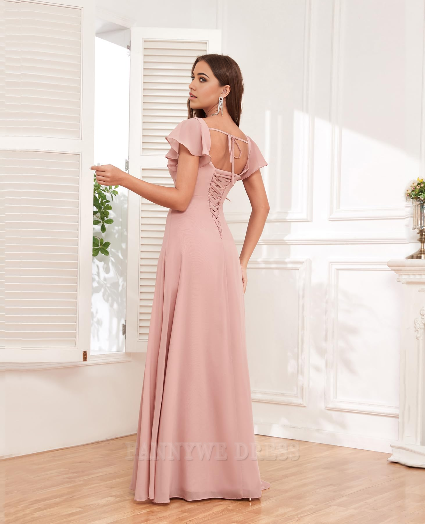 A Line Chiffon Sleeves formal dresses Bridesmaid Dresses evening gown Prom Dress with Slit