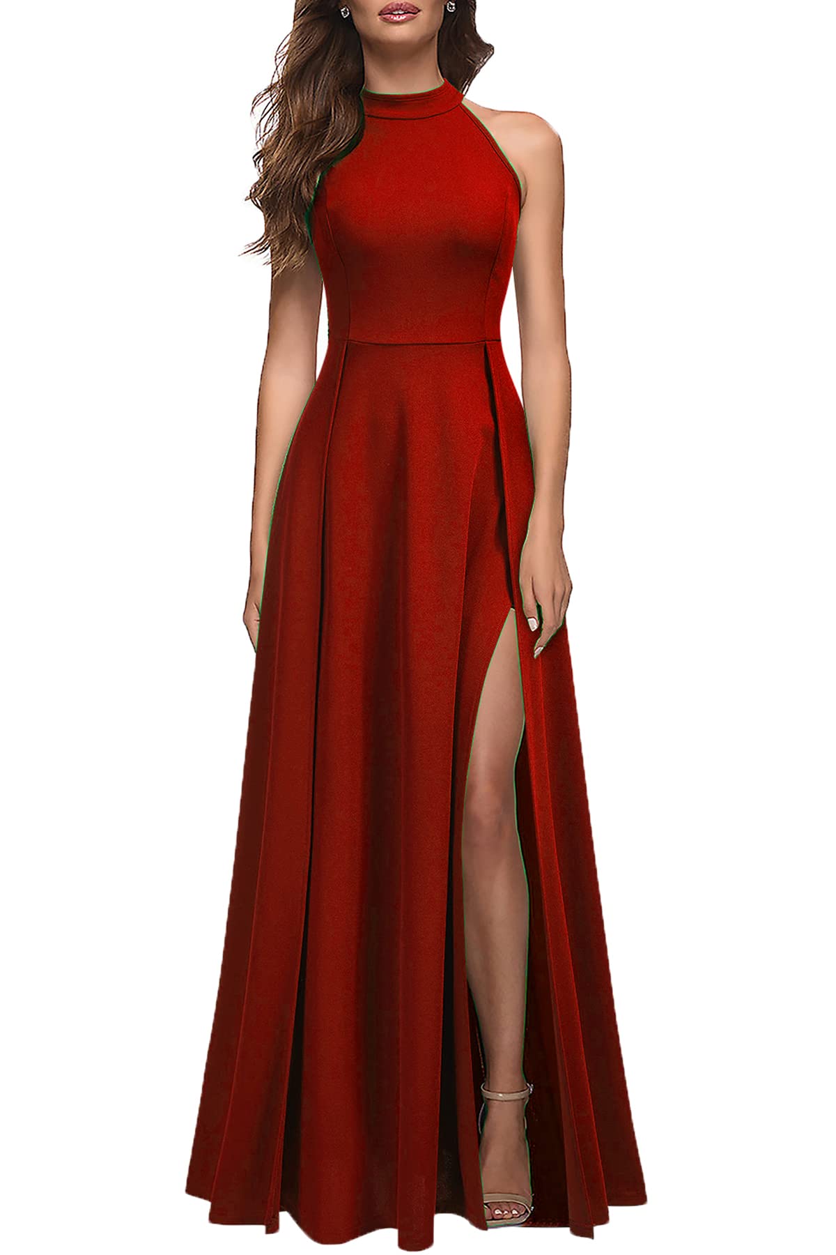 A-line Halter Neck sleeveless Sexy Split formal dresses evening gown Prom Dress