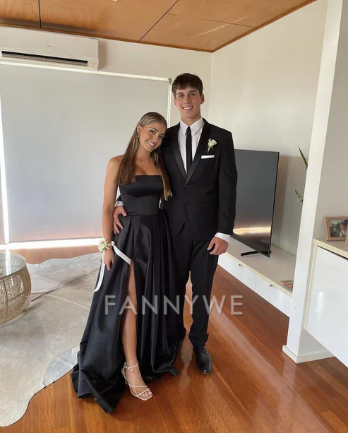 A-Line Strapless Satin Black Long formal dresses Bridesmaid Dresses evening gown Prom Dress